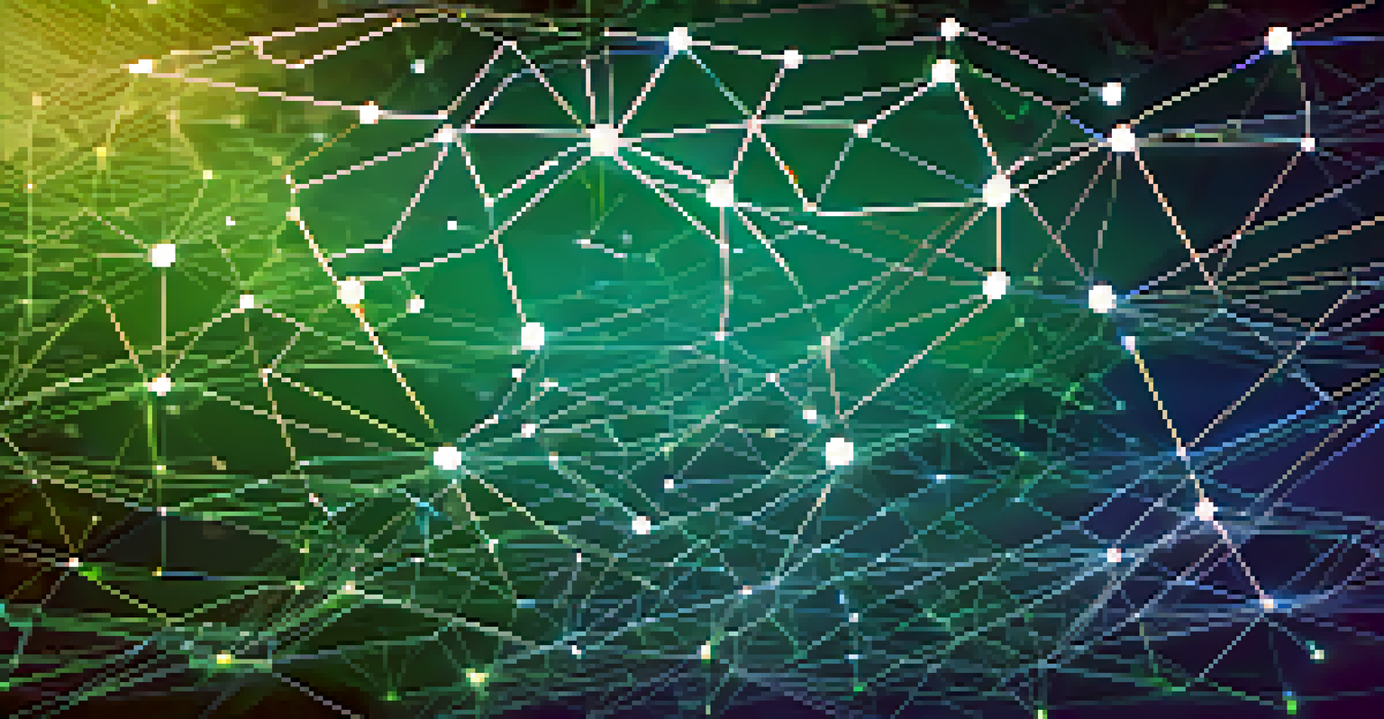 An illustration of a blockchain network with interconnected nodes, representing trust and transparency in cryptocurrency.