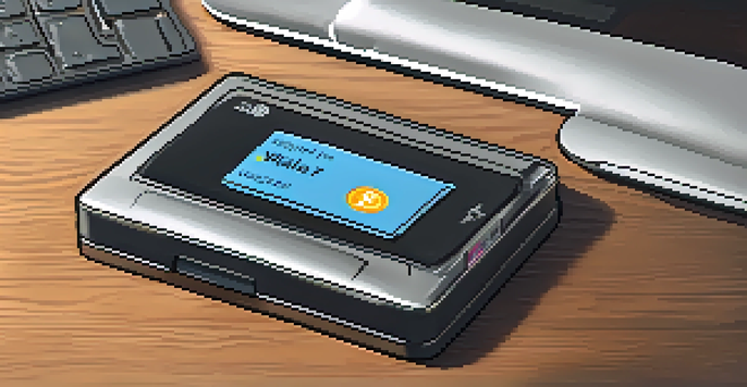 A person holding a modern hardware wallet with a computer screen showing cryptocurrency charts in the background.