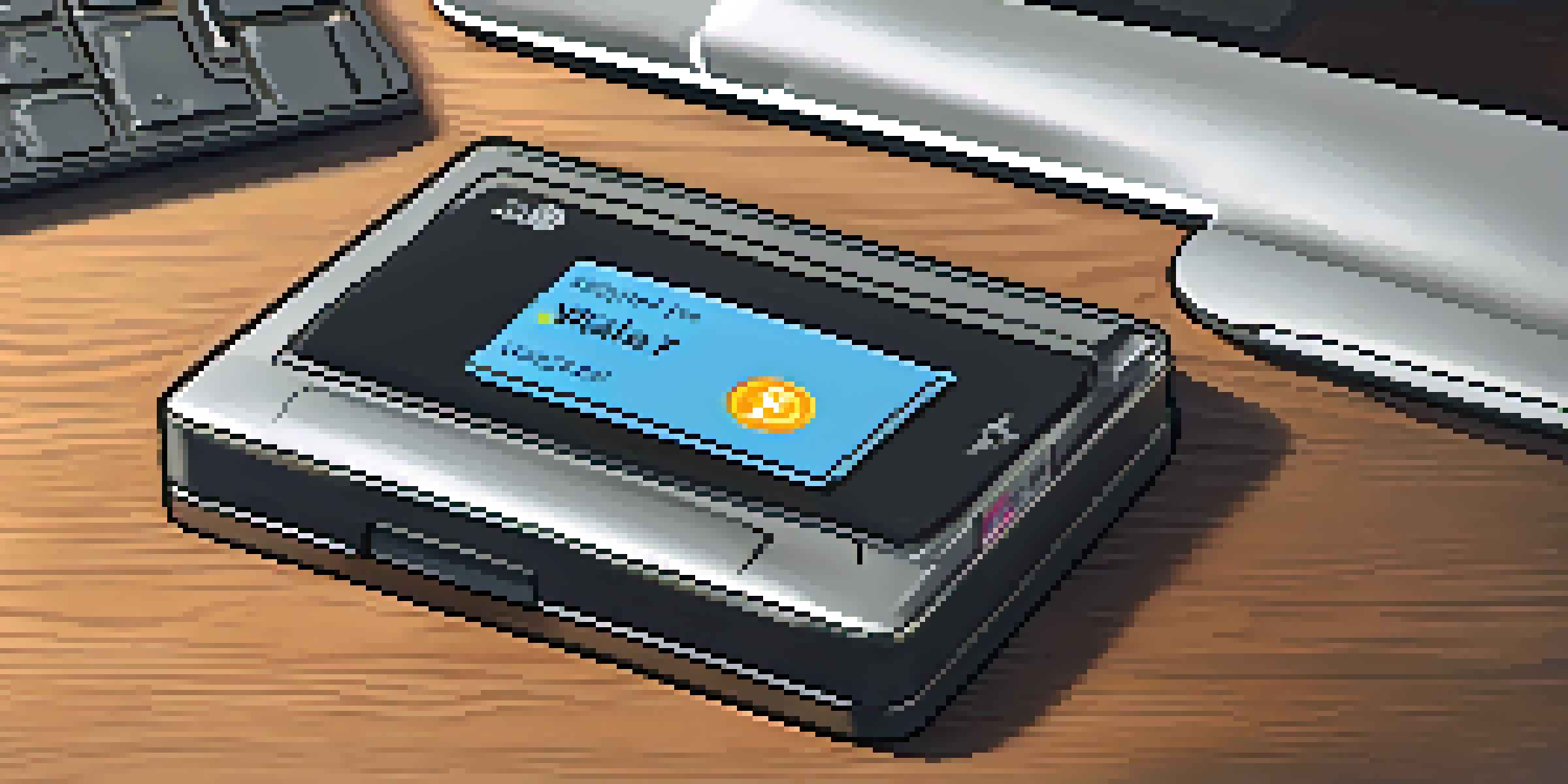 A person holding a modern hardware wallet with a computer screen showing cryptocurrency charts in the background.