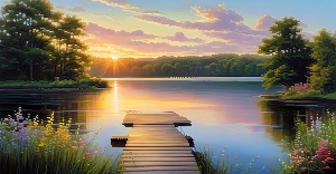 A beautiful sunrise over a calm lake with a wooden dock and vibrant wildflowers, surrounded by greenery.