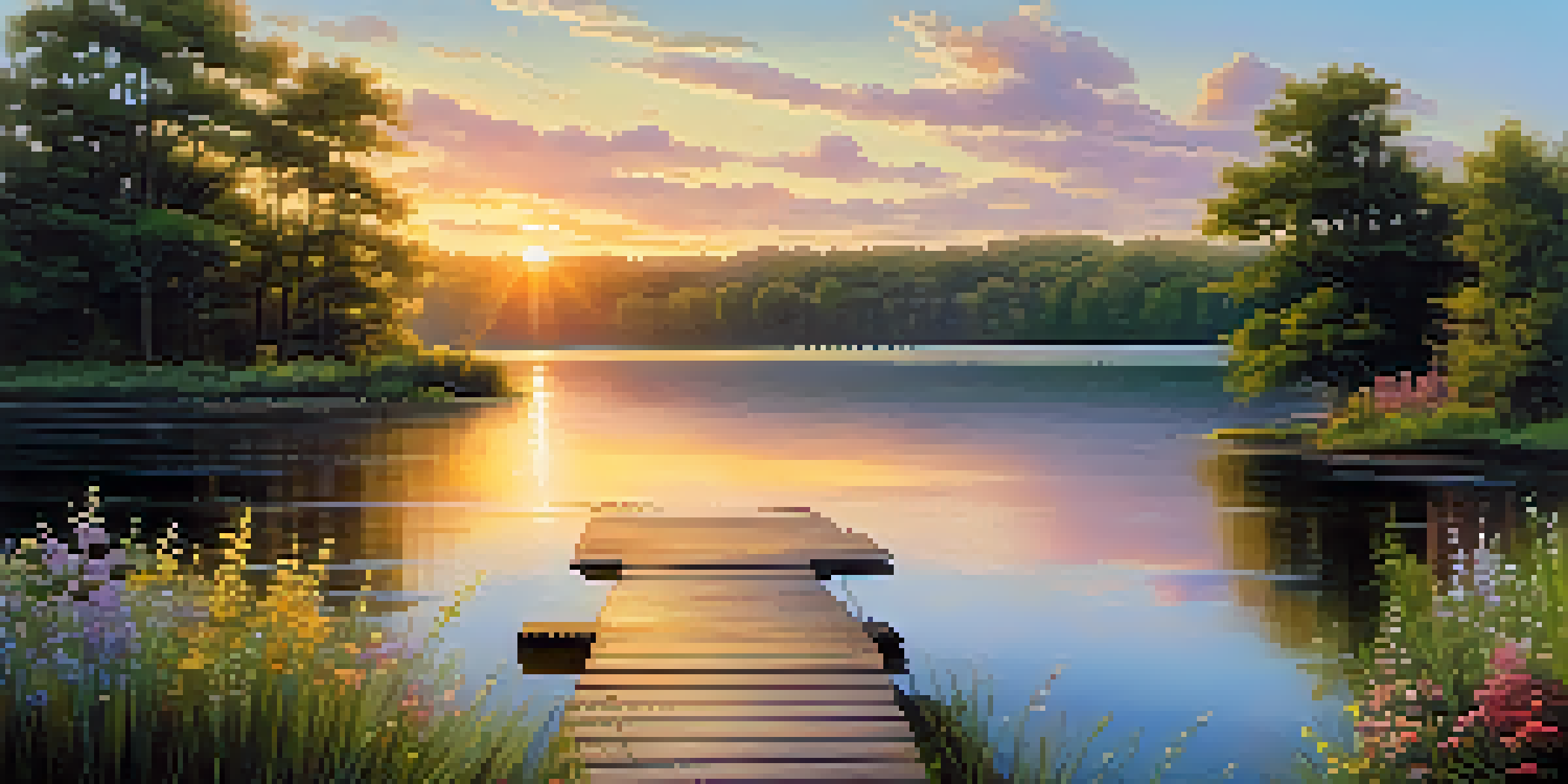 A beautiful sunrise over a calm lake with a wooden dock and vibrant wildflowers, surrounded by greenery.