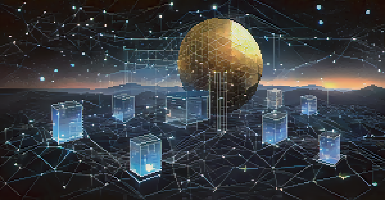 A detailed depiction of blockchain technology with interconnected glowing blocks and financial icons against a dark starry sky background.