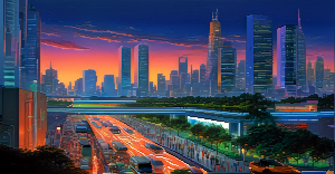 A modern city skyline at dusk with illuminated skyscrapers and a busy street filled with people and vehicles.