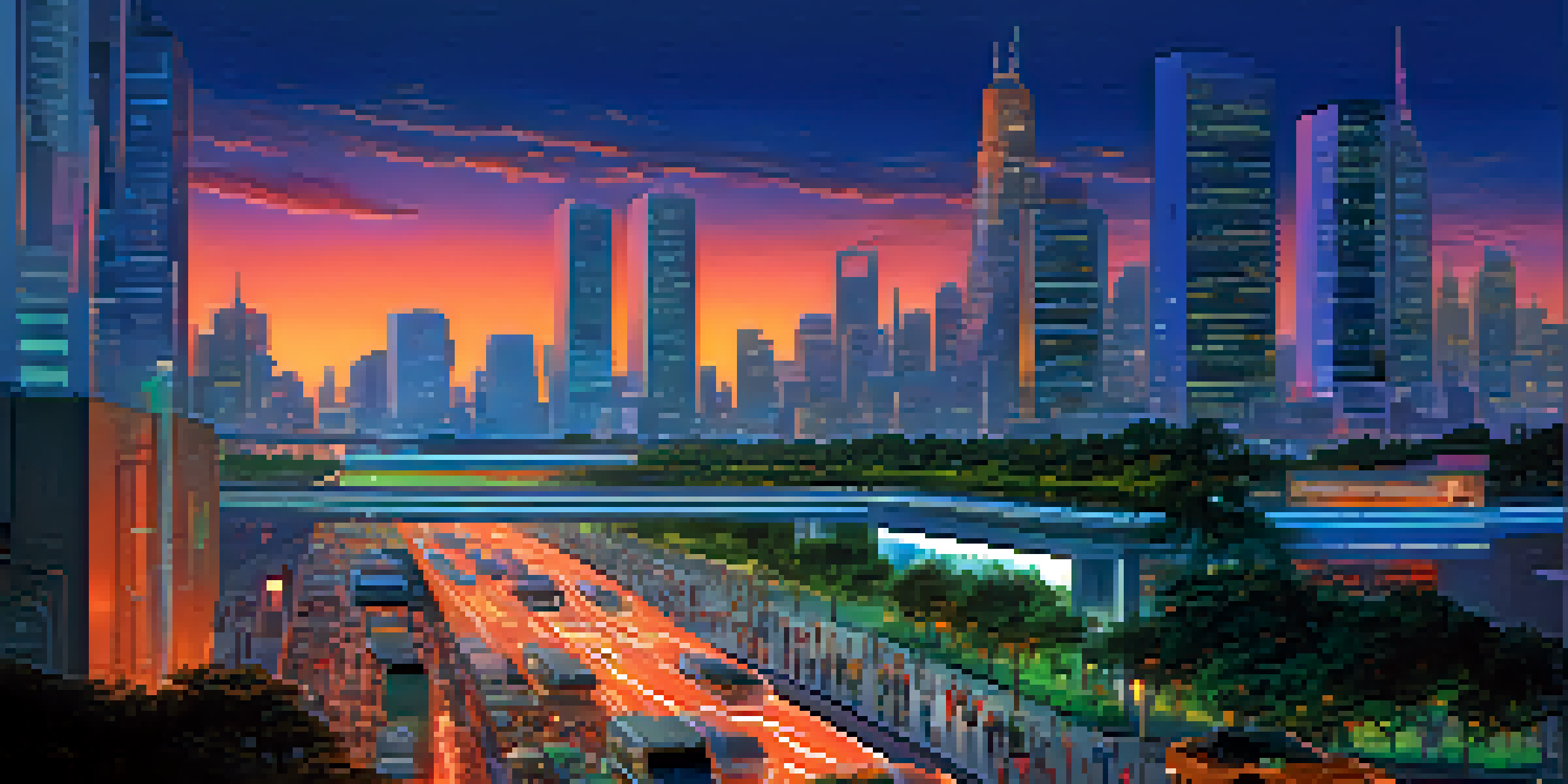 A modern city skyline at dusk with illuminated skyscrapers and a busy street filled with people and vehicles.