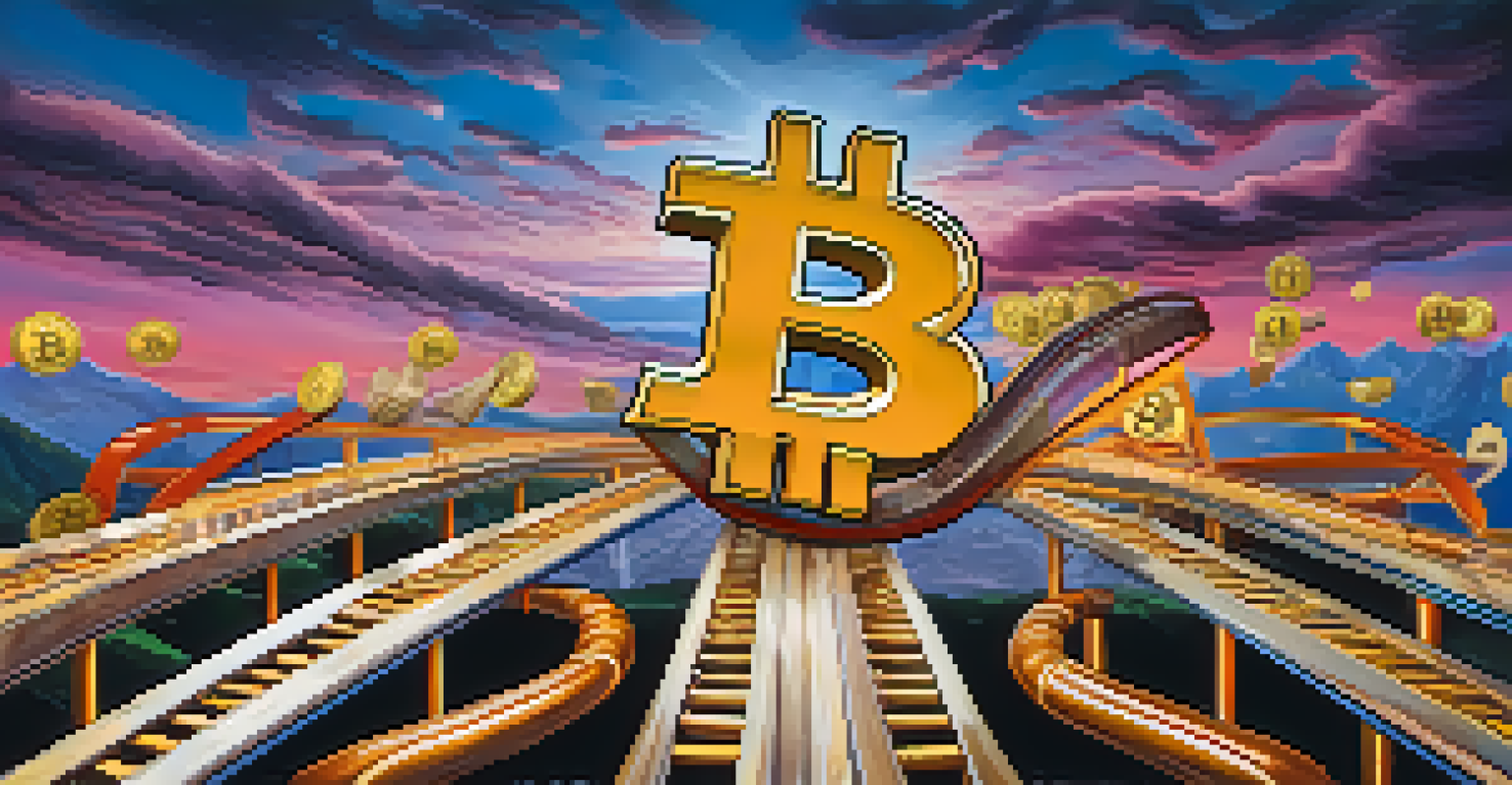 An abstract rollercoaster track made of coins with Bitcoin symbols, set against a vibrant sky illustrating market emotions.