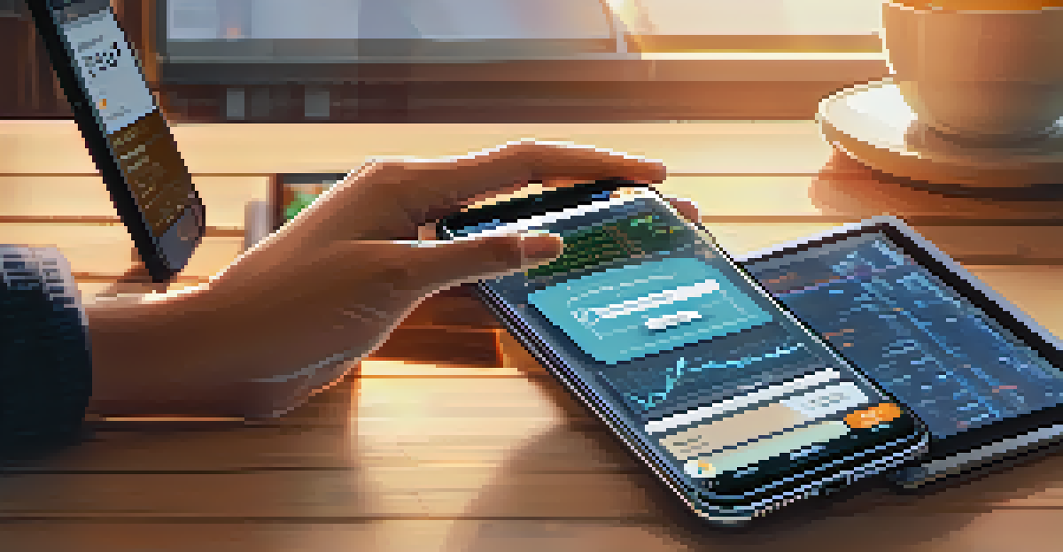Close-up of hands holding a smartphone showing a cryptocurrency trading app in a cozy workspace with warm natural light.