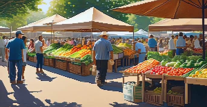 A bustling farmer's market with colorful produce, under warm sunlight, and people engaging with vendors.