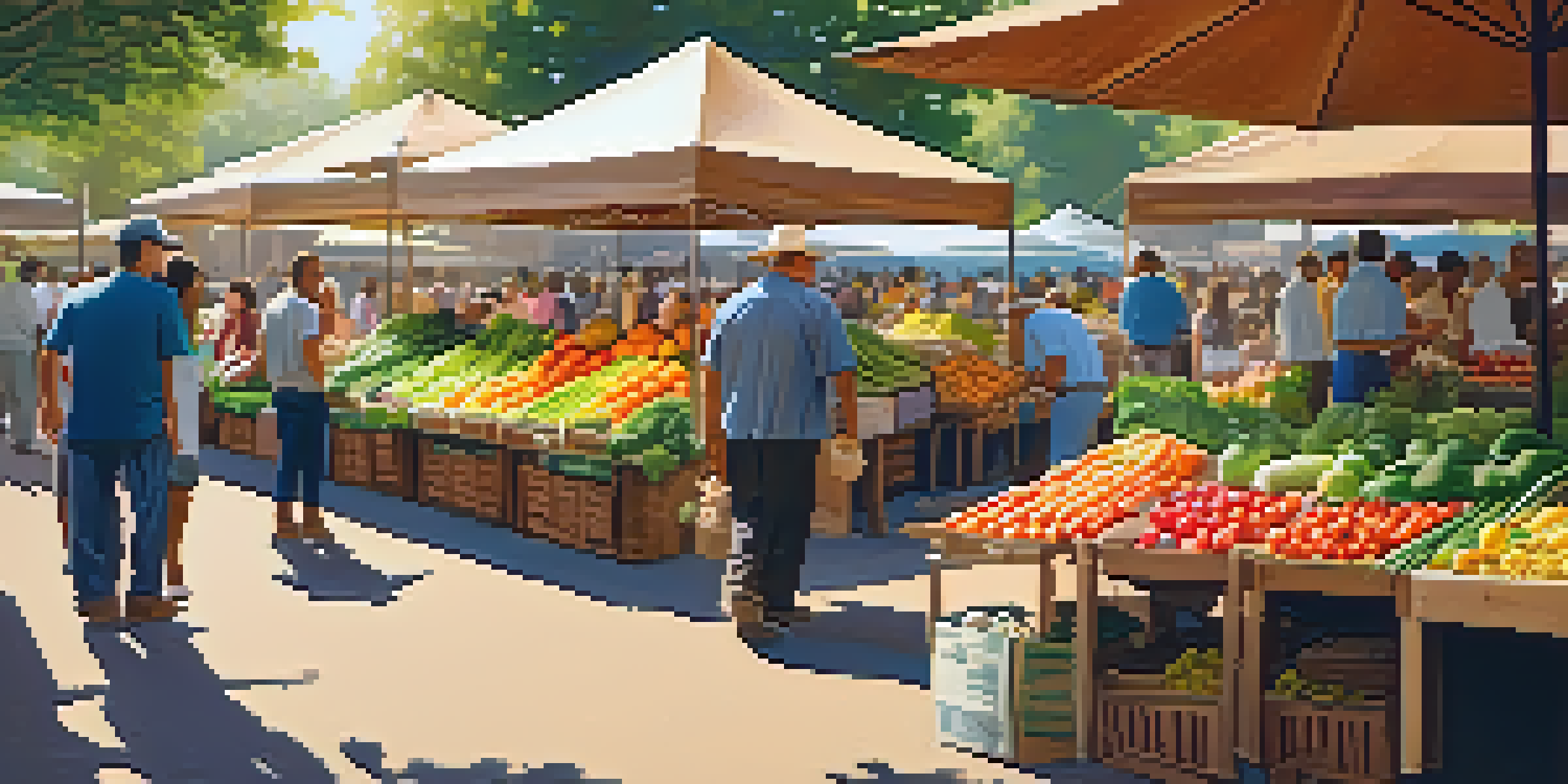 A bustling farmer's market with colorful produce, under warm sunlight, and people engaging with vendors.