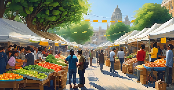 A lively urban marketplace with diverse people using smartphones for digital currency transactions amidst colorful stalls and warm sunlight.