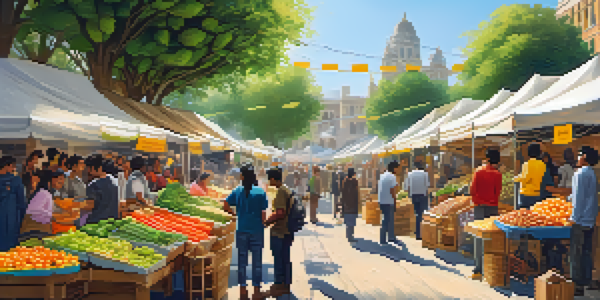 A lively urban marketplace with diverse people using smartphones for digital currency transactions amidst colorful stalls and warm sunlight.