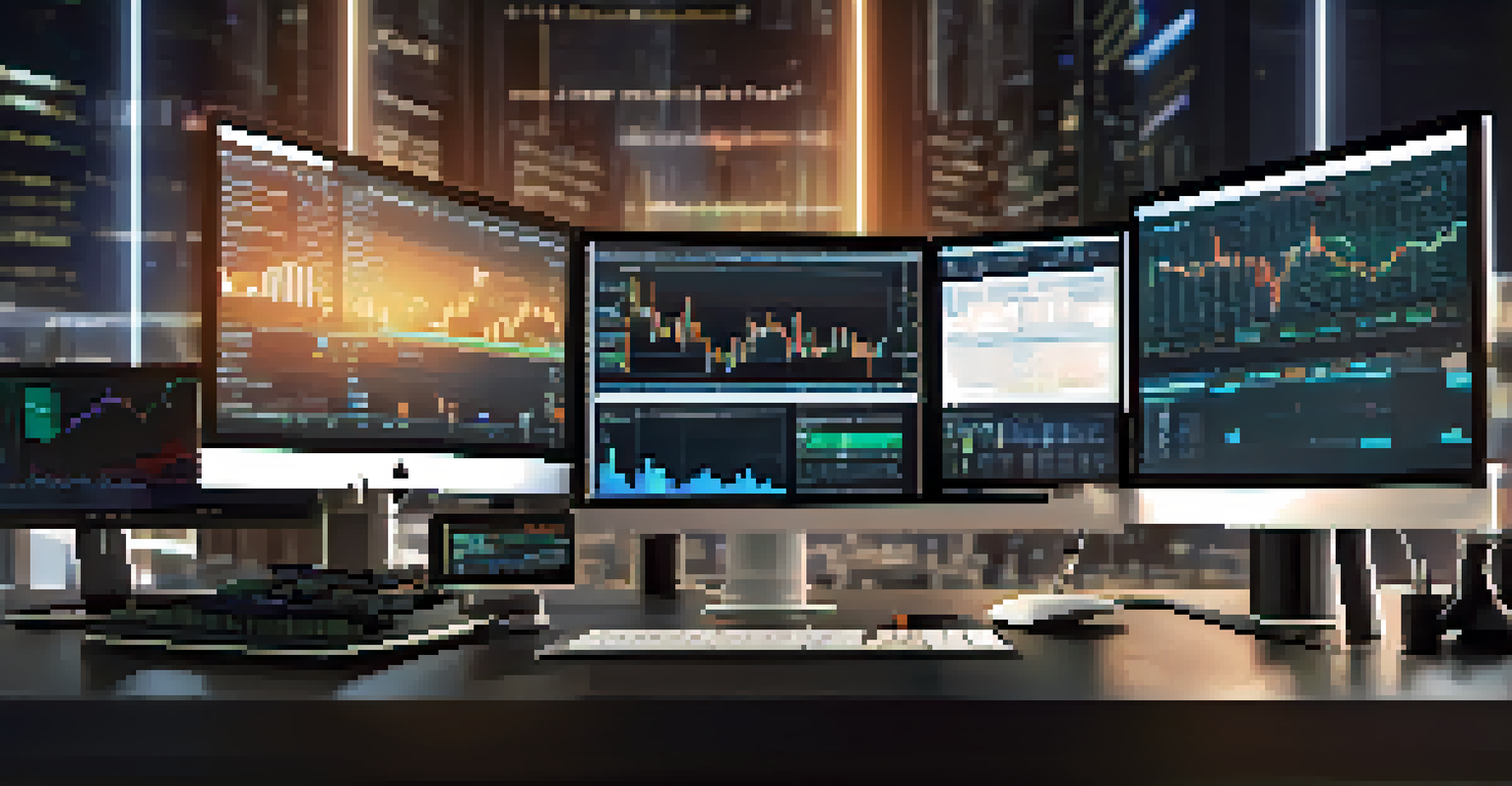 A detailed view of a trading workstation with multiple monitors showing cryptocurrency data, creating a high-tech work environment.