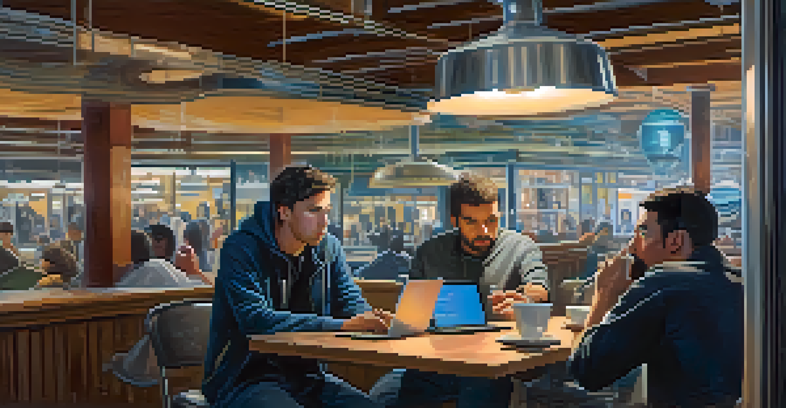 A worried person at a café as a hacker intercepts their data in a public Wi-Fi setting.