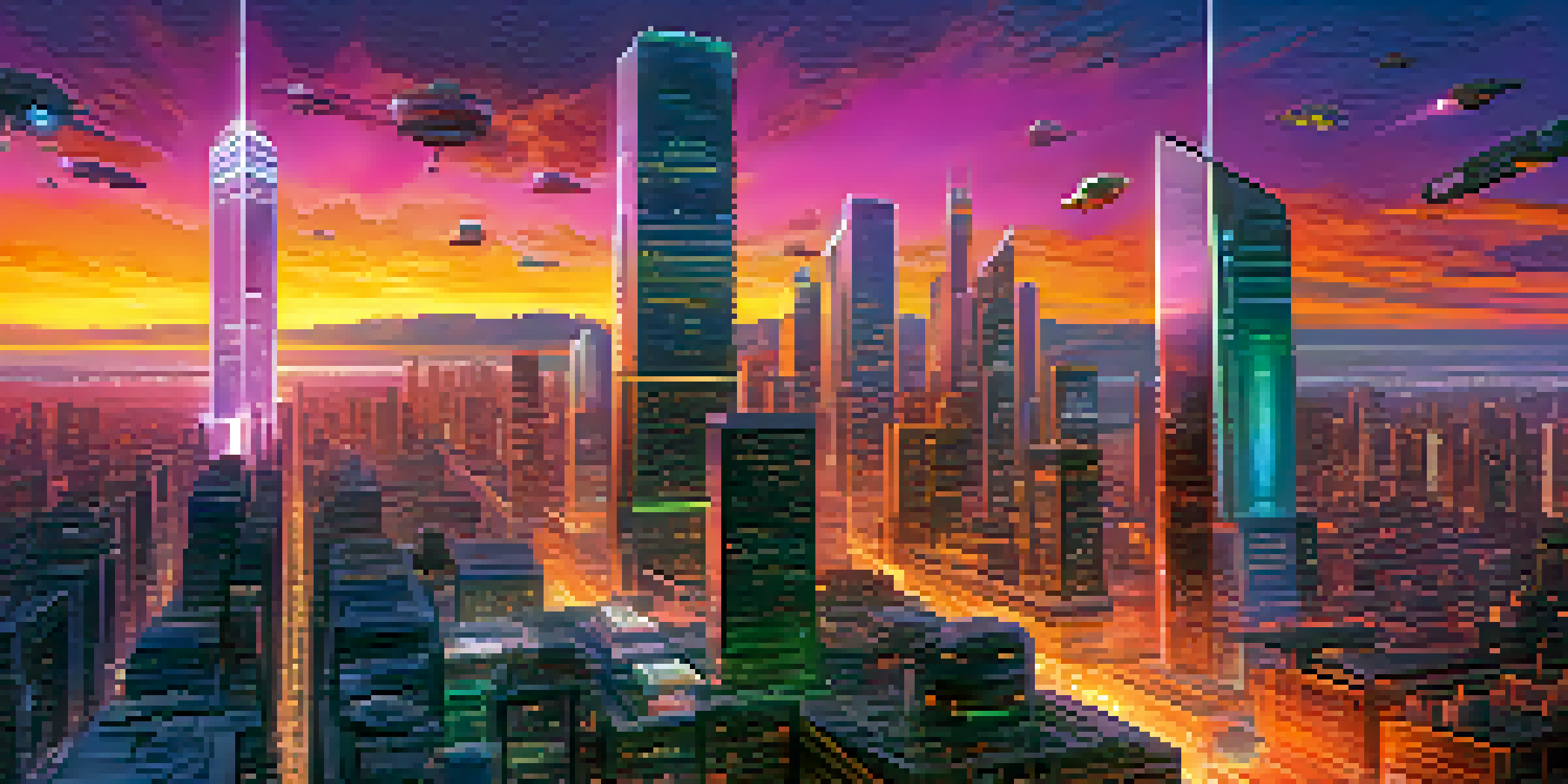 A vibrant futuristic city skyline with tall skyscrapers and glowing neon lights during sunset, with people using digital devices in the foreground.
