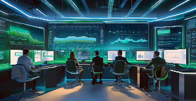 A modern cryptocurrency exchange office with digital screens and professionals discussing.