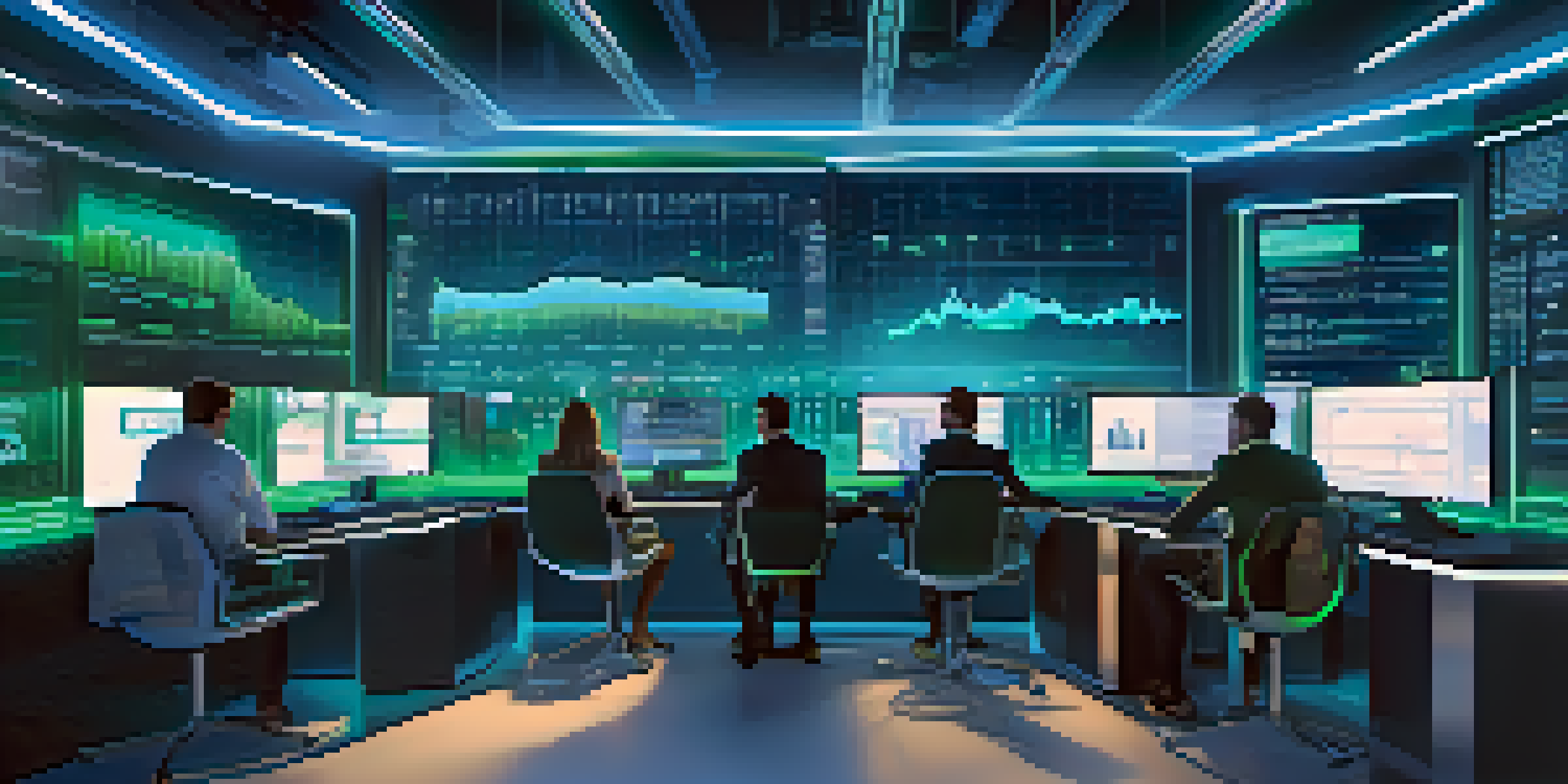 A modern cryptocurrency exchange office with digital screens and professionals discussing.