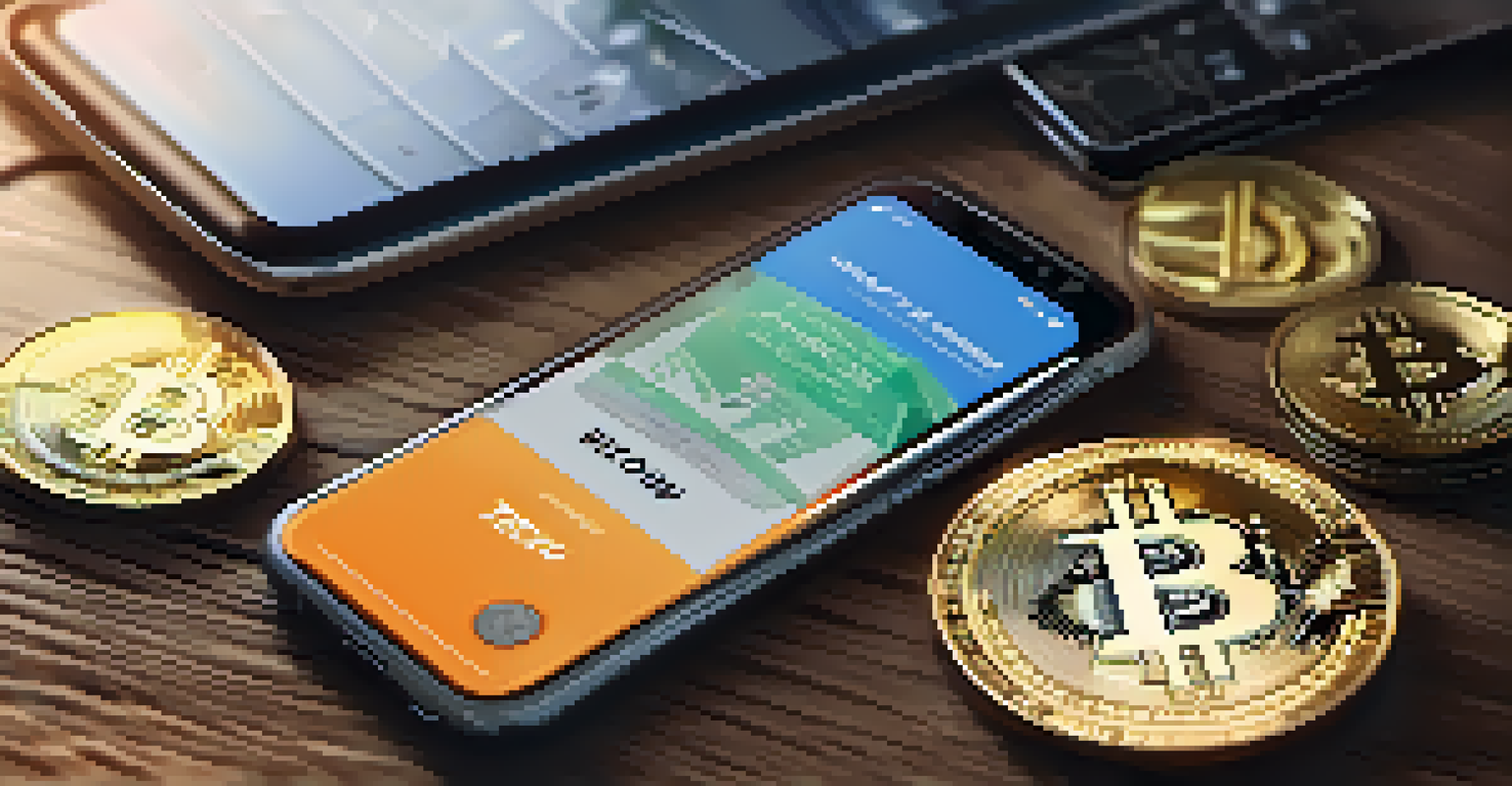 A close-up of a smartphone showing a cryptocurrency wallet app with different coins around it on a wooden table.