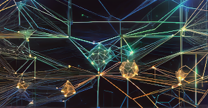 A digital representation of a blockchain network with glowing nodes and lines in a dark starry background.