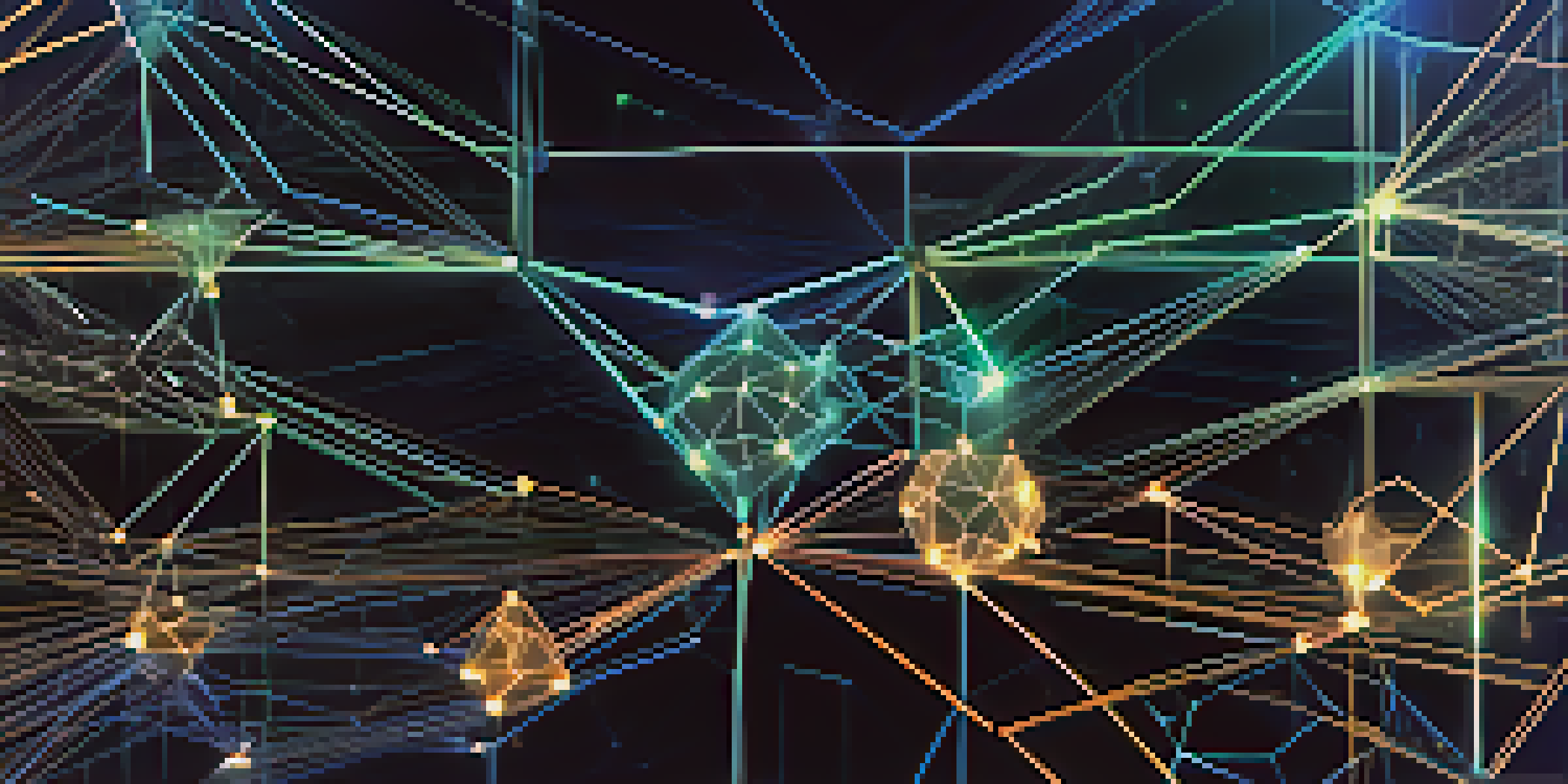 A digital representation of a blockchain network with glowing nodes and lines in a dark starry background.