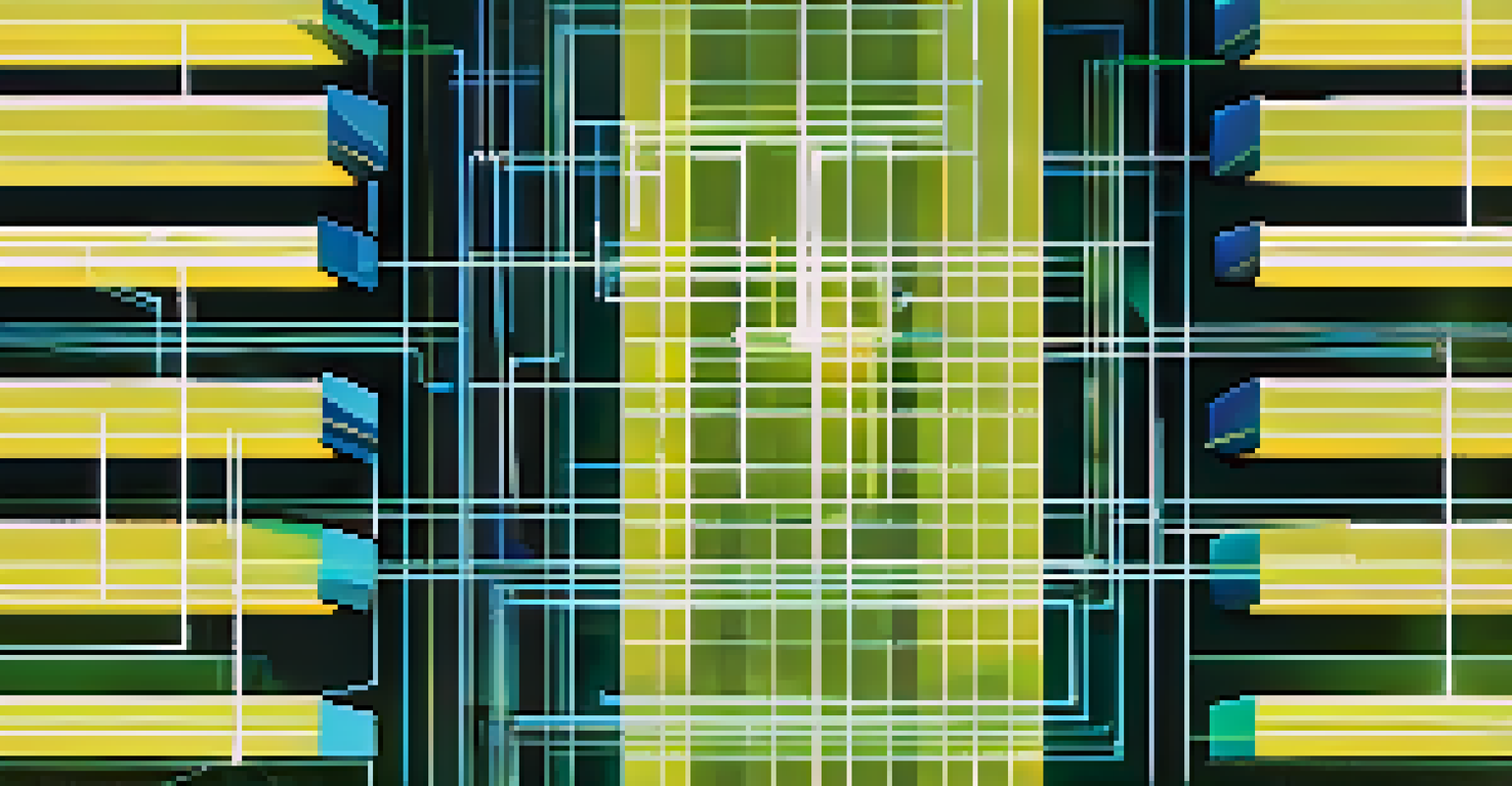 An abstract illustration of blockchain technology with interconnected blocks and glowing lines.