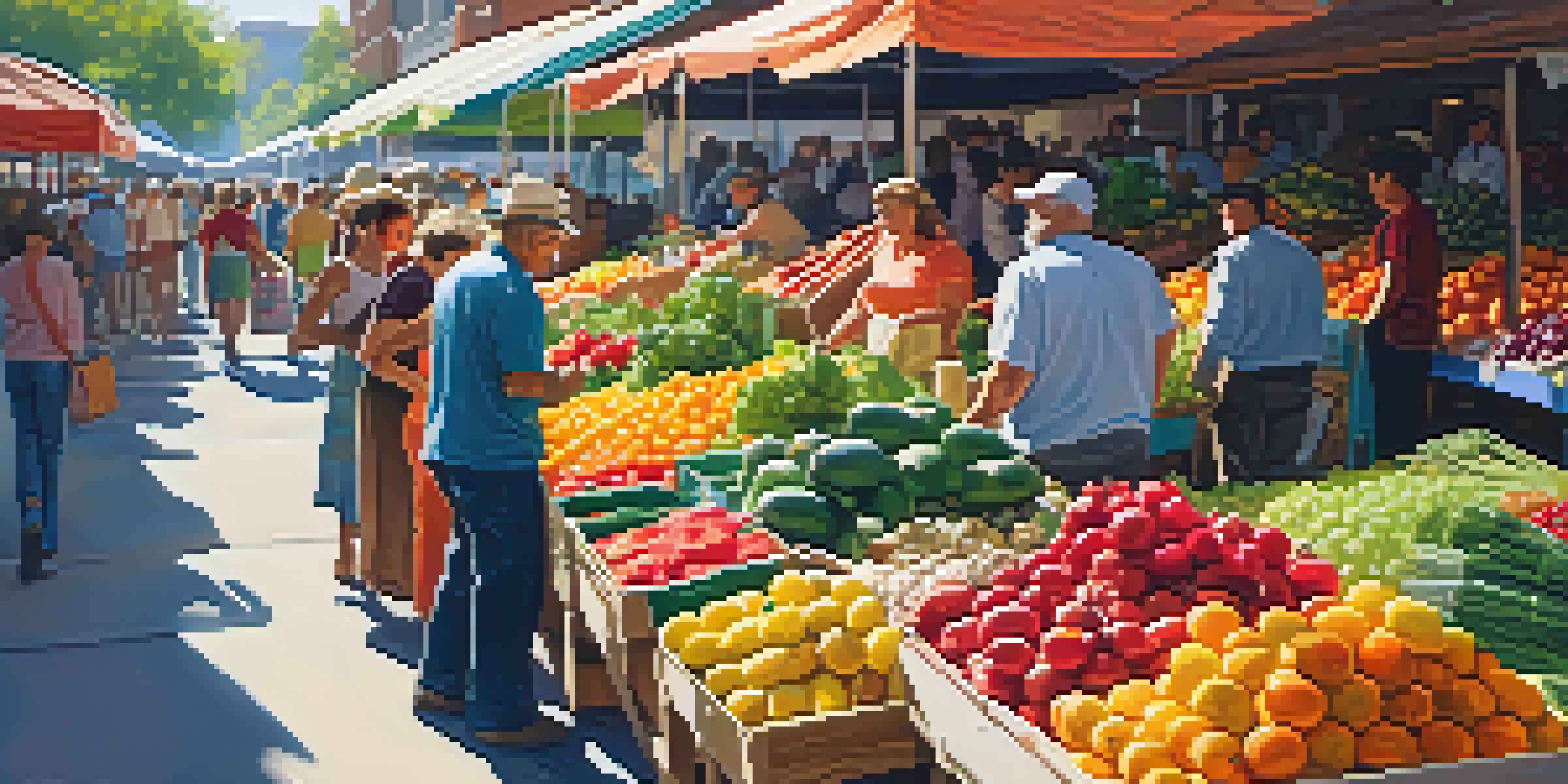 A lively farmer's market with vendors selling fresh produce and customers selecting items under bright sunlight.