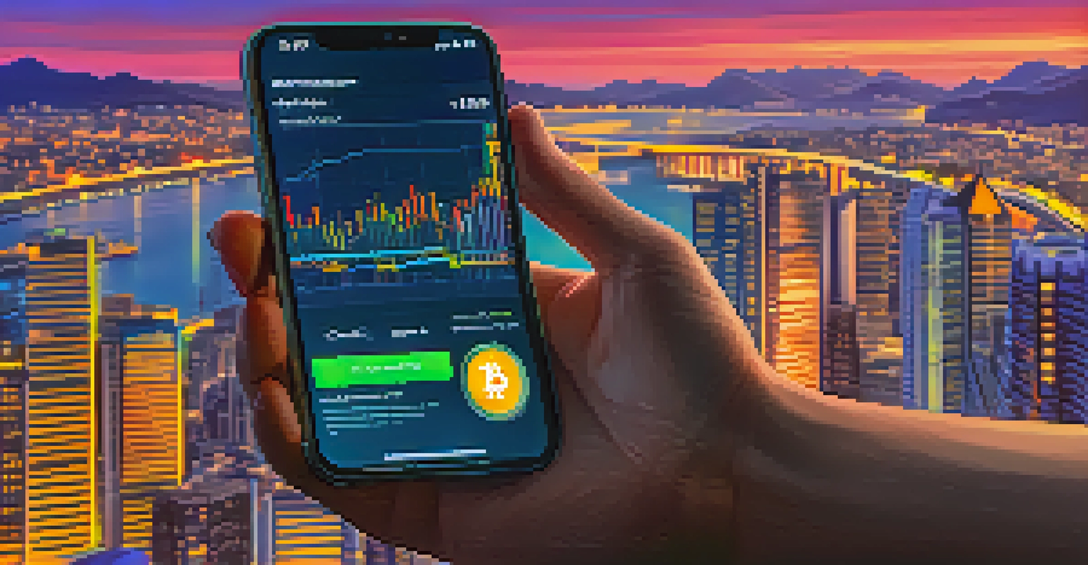 A hand holding a smartphone with a cryptocurrency trading app open, set against a blurred city background.