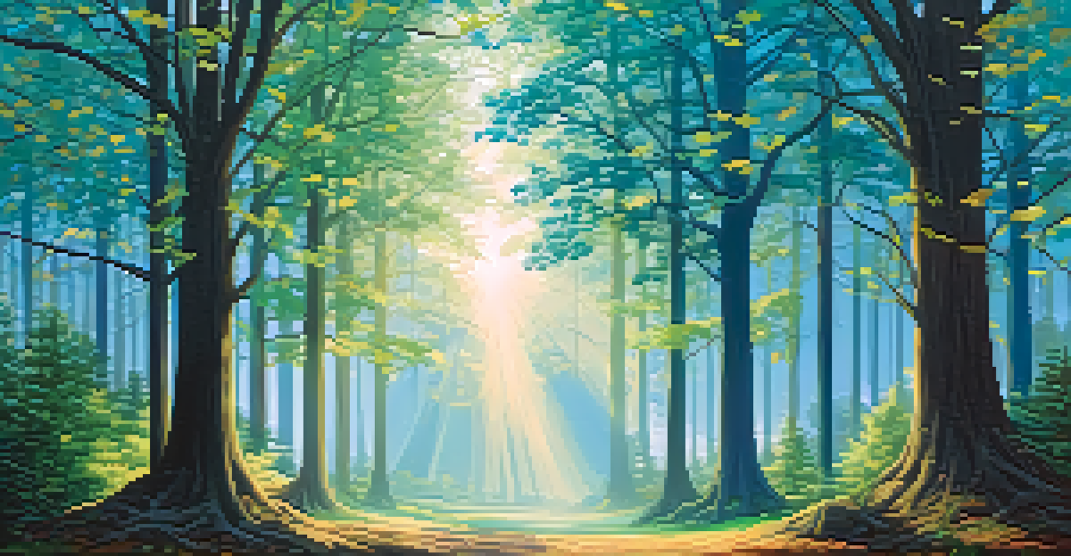 A peaceful forest landscape with digital art pieces hanging from trees, symbolizing harmony between nature and creativity.