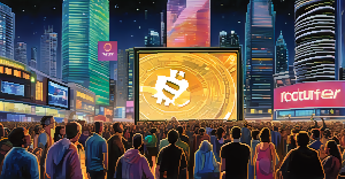 A vibrant city scene with people discussing cryptocurrency prices around a digital display, showcasing diversity and urban life.