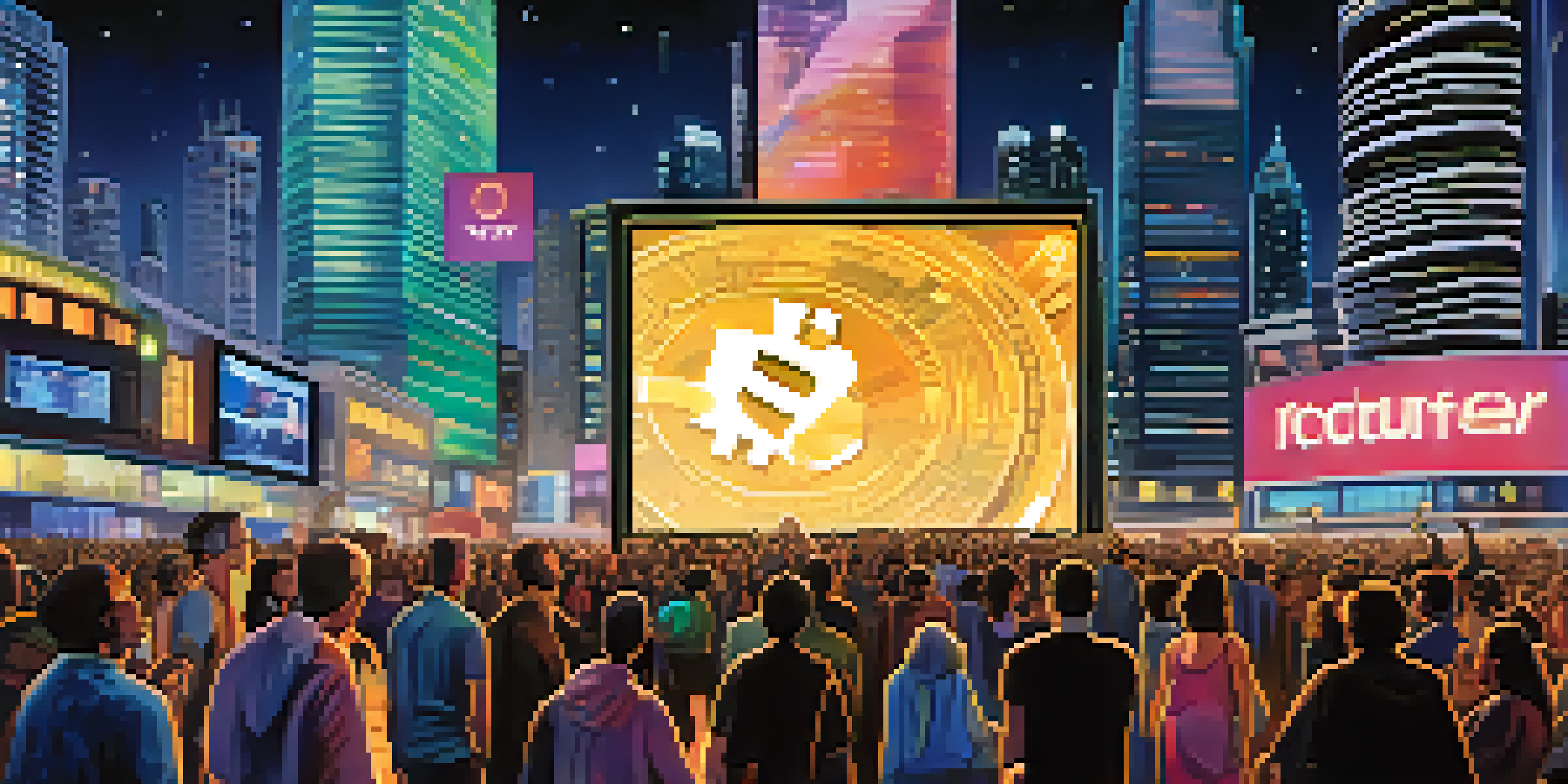 A vibrant city scene with people discussing cryptocurrency prices around a digital display, showcasing diversity and urban life.