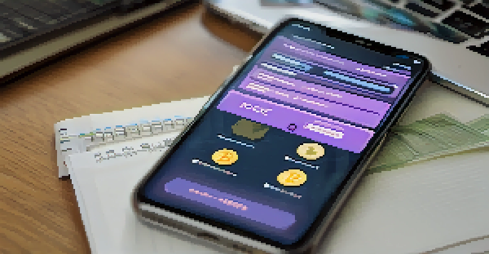 A smartphone displaying a cryptocurrency wallet interface with various digital currencies, set in a modern workspace with a blurred background.