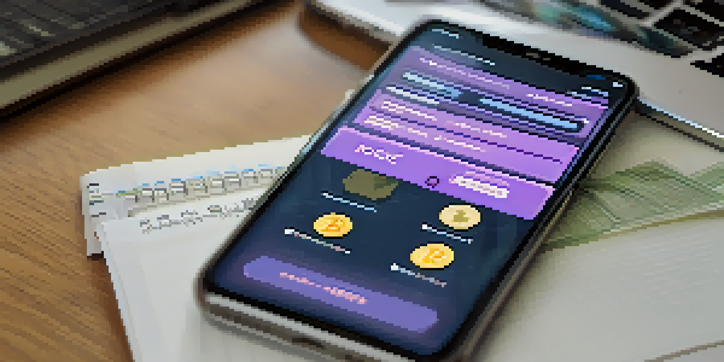 A smartphone displaying a cryptocurrency wallet interface with various digital currencies, set in a modern workspace with a blurred background.