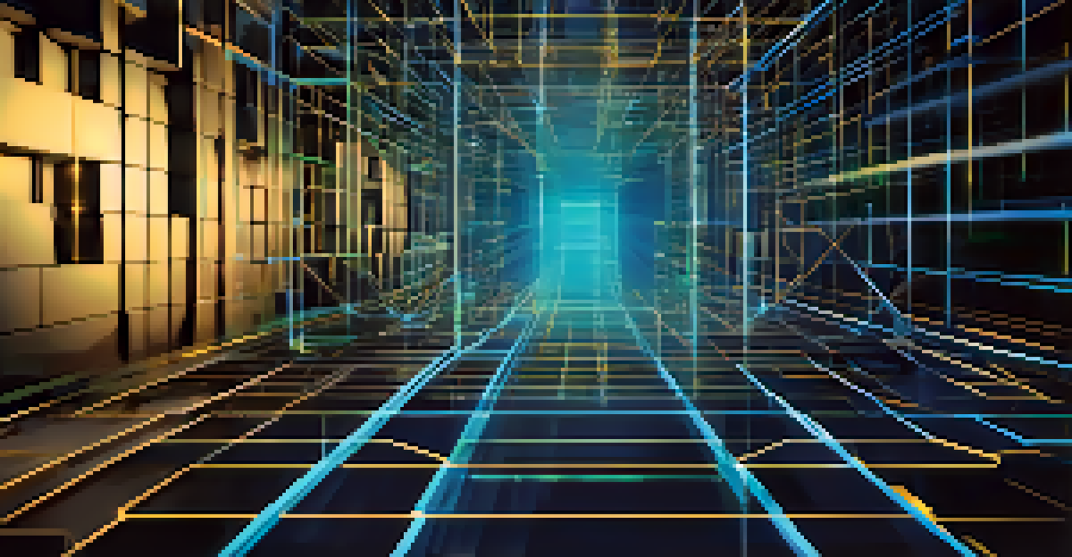 A close-up visual representation of a blockchain network with interconnected glowing blocks against a dark background.