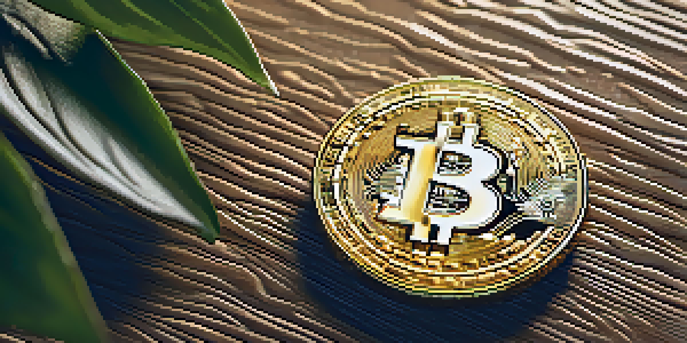 A shiny Bitcoin coin on a textured wooden surface with sunlight casting shadows.