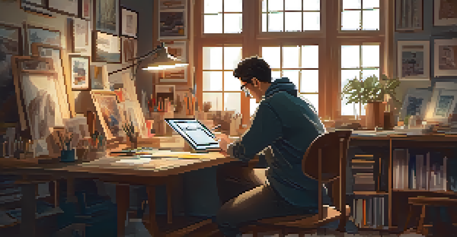 An artist working on a digital tablet in a cozy studio filled with art supplies.