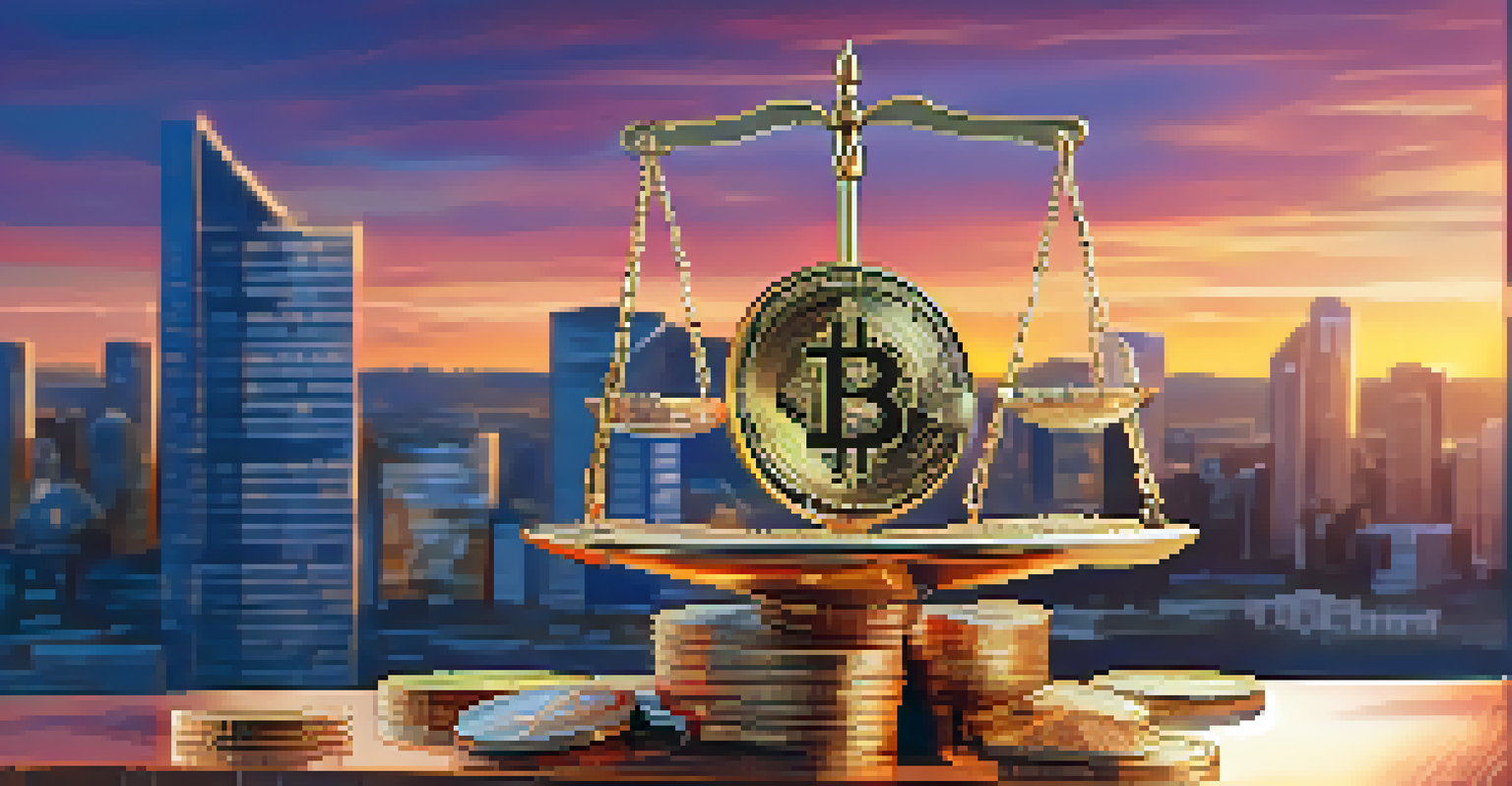 A balance scale with cryptocurrency coins and tax documents against a city skyline at sunset, representing tax implications.