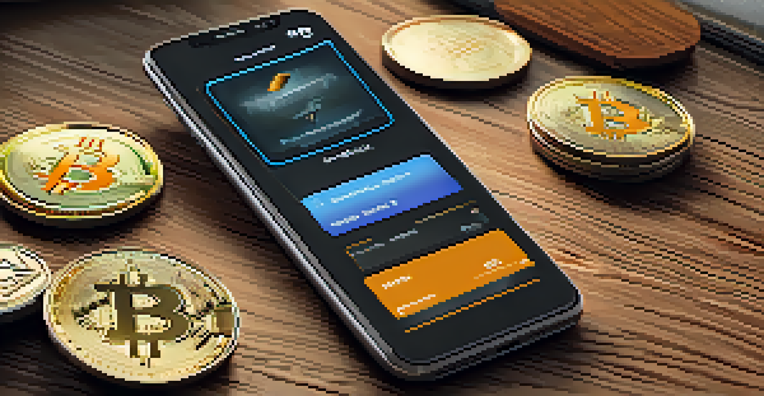 A close-up view of a smartphone showcasing a cryptocurrency wallet app on a wooden table, with market activity in the background.