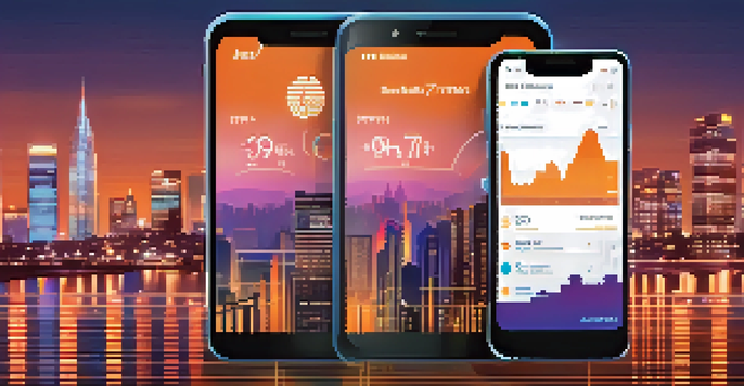 A mobile phone with a cryptocurrency trading app interface, showcasing colorful graphs and charts against a city skyline at dusk.