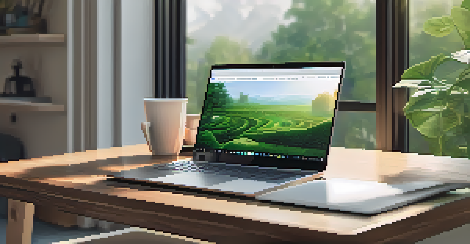 A modern DeFi platform interface displayed on a laptop with plants and a coffee cup on a wooden table, illuminated by natural light.