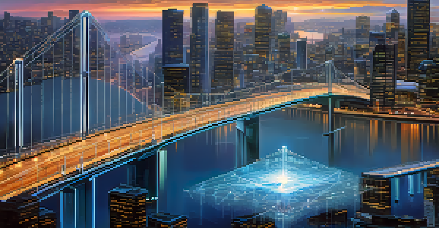 An artistic depiction of oracles bridging a blockchain to real-world data sources, with vibrant graphics and a city skyline.