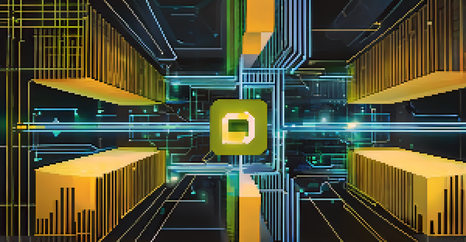 Abstract representation of blockchain technology with interconnected blocks and cryptocurrency symbols in a high-tech environment.