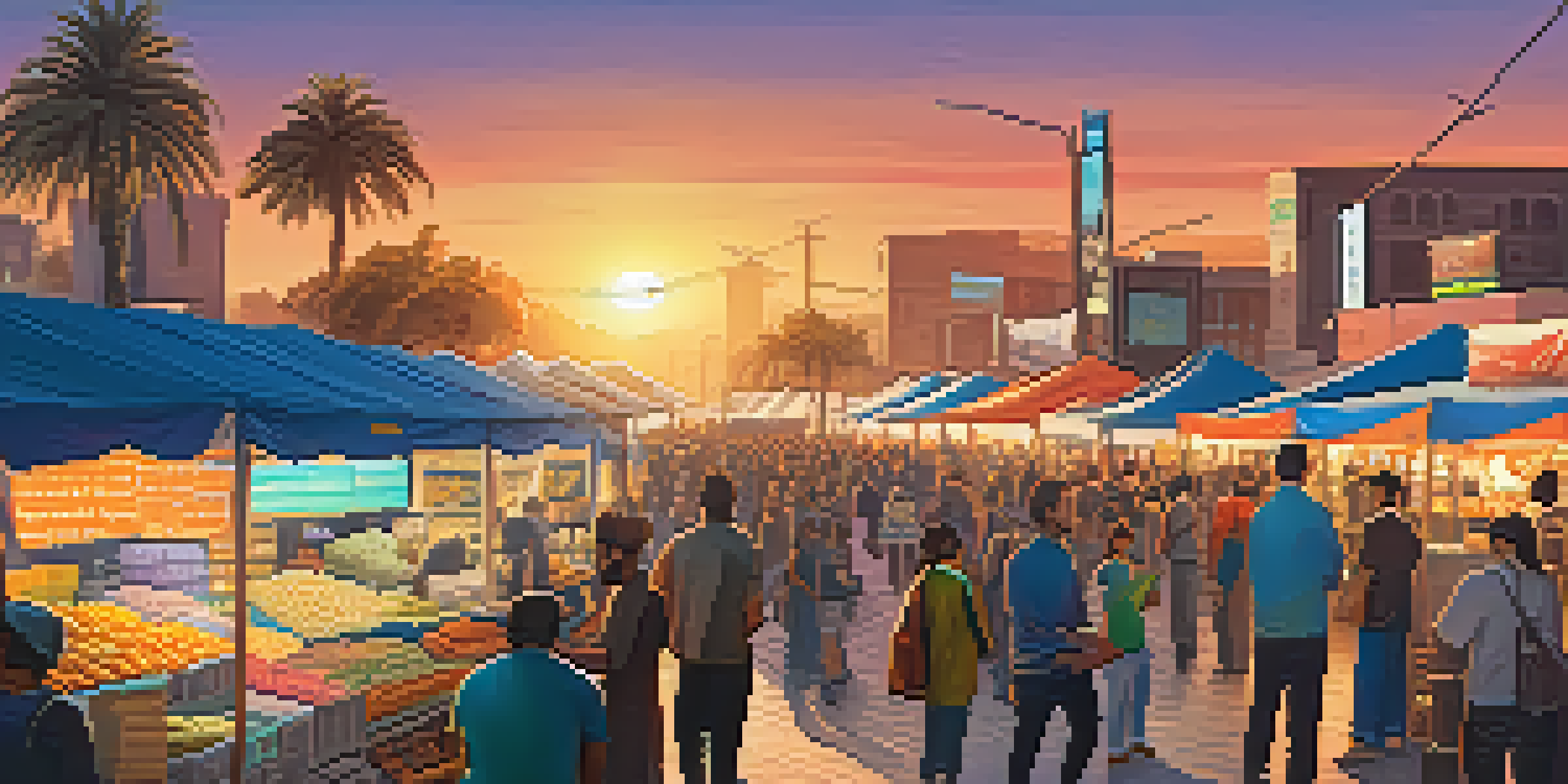 A lively marketplace with vendors and customers using smartphones for cryptocurrency transactions, colorful stalls, and a sunset in the background.