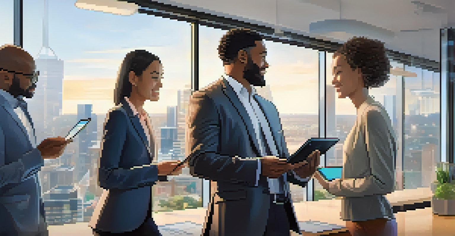 A diverse group of individuals discussing a real estate transaction with a tablet displaying a smart contract in a modern office.