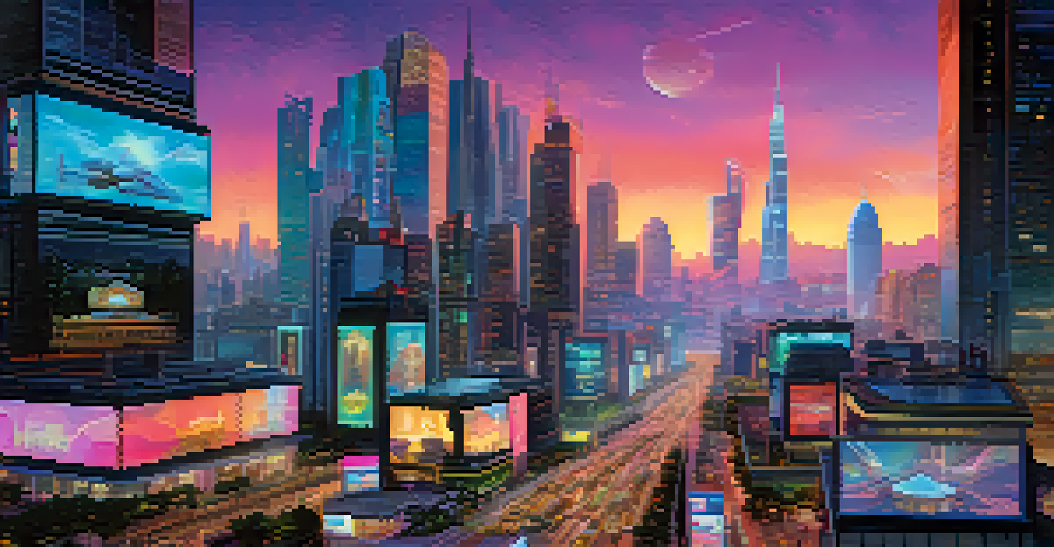 A futuristic cityscape with traditional and modern buildings, featuring digital screens showcasing tokenized assets.