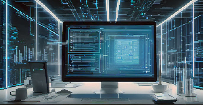 A digital screen showing a futuristic smart contract interface with lines of code and holographic elements in a modern office setting.