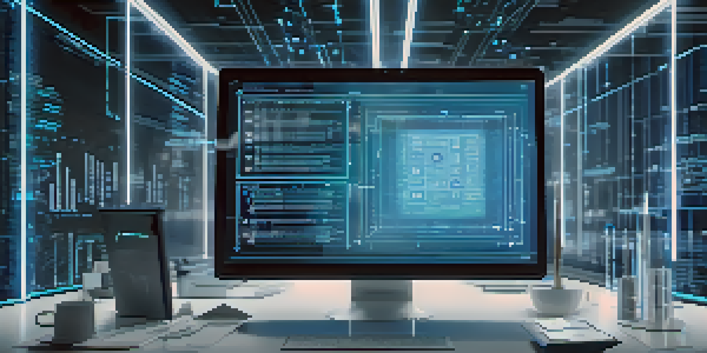 A digital screen showing a futuristic smart contract interface with lines of code and holographic elements in a modern office setting.