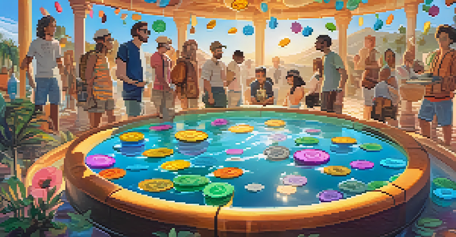 A community pot of cryptocurrencies with animated characters collaborating around it, symbolizing a liquidity pool.