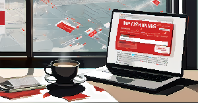 A laptop showing a phishing email, with scattered papers and a coffee cup on a desk.
