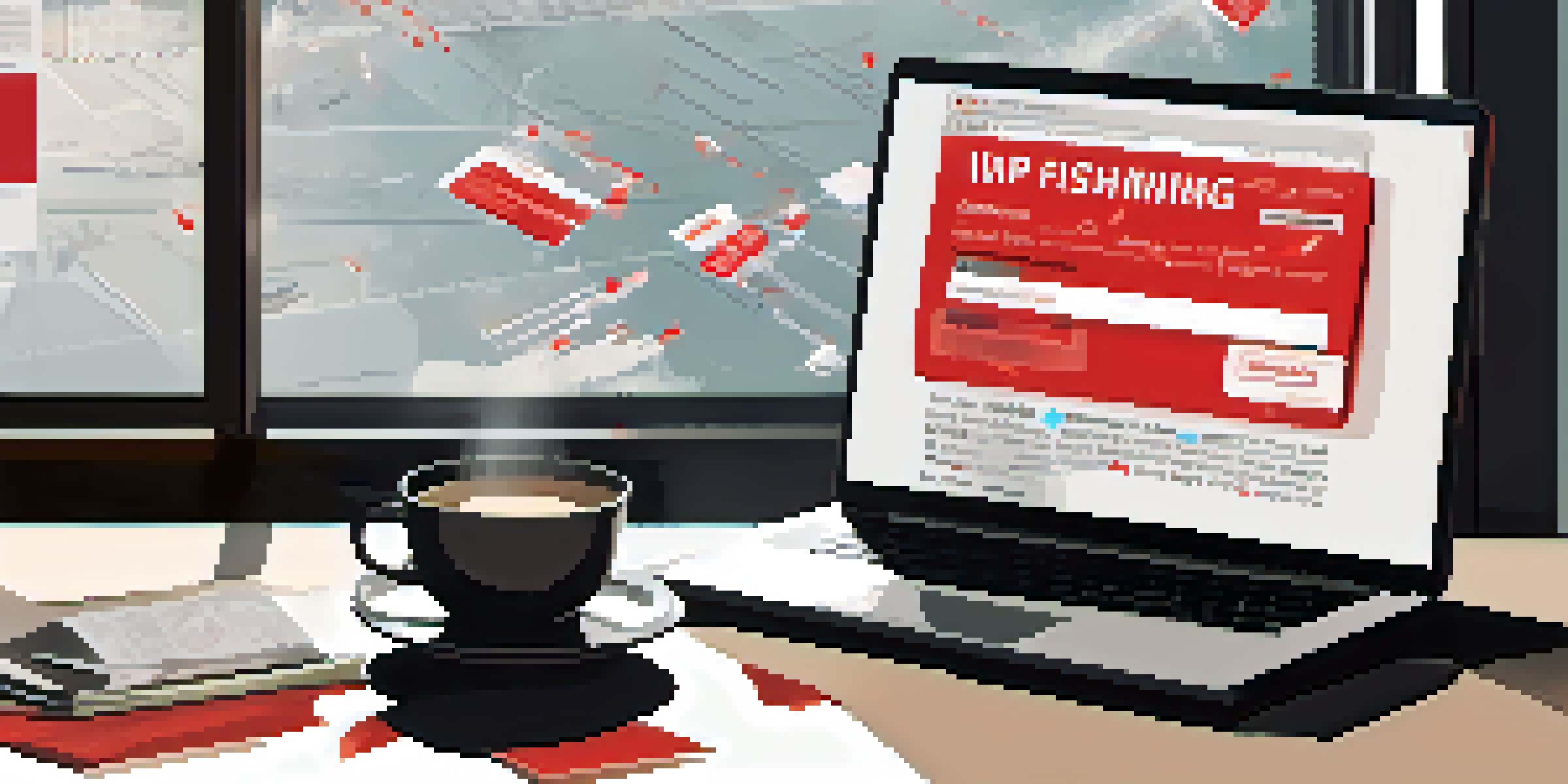 A laptop showing a phishing email, with scattered papers and a coffee cup on a desk.