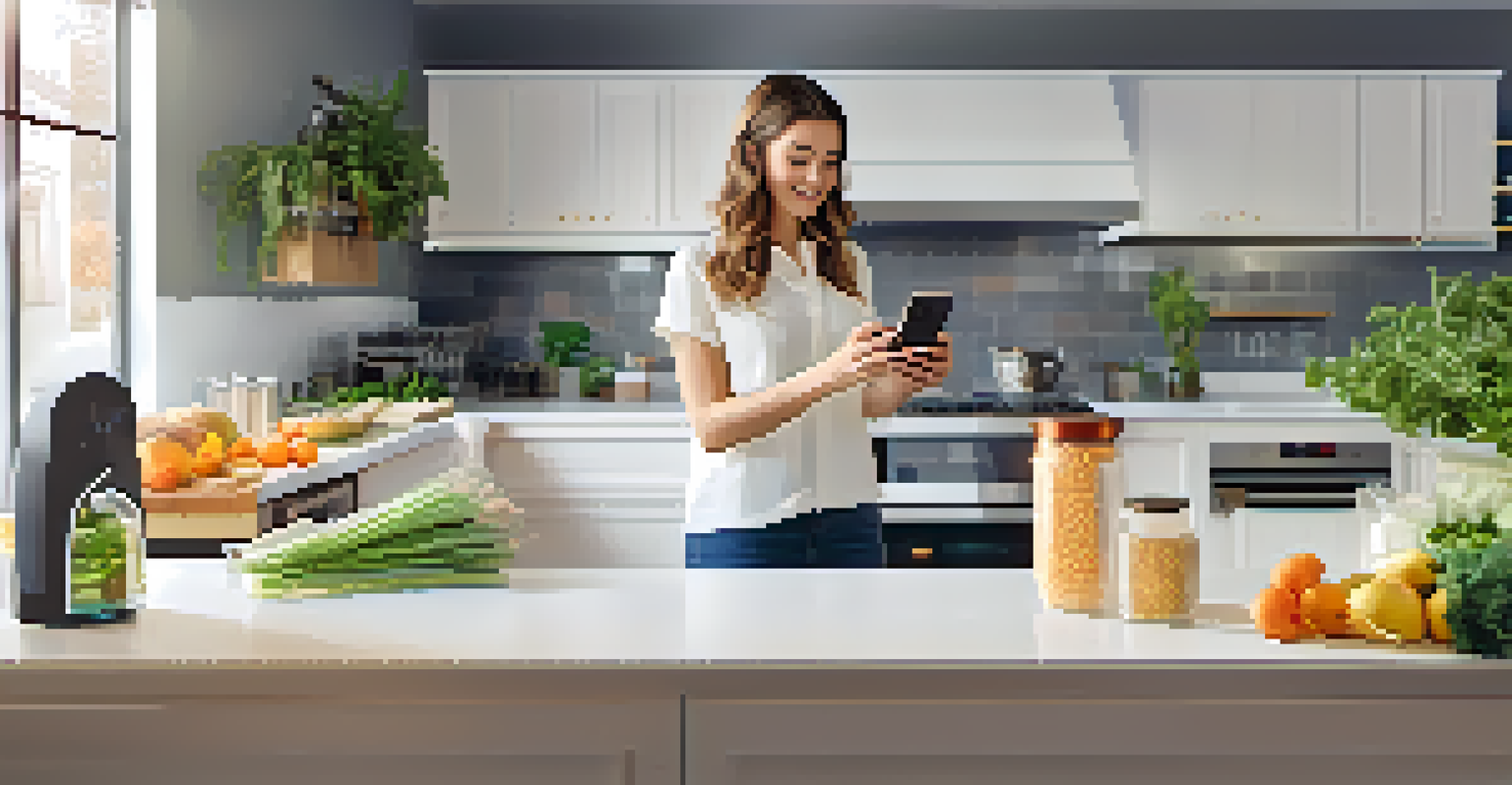 A person using a smartphone to scan a product in a bright kitchen, showing a digital display of the product's blockchain journey.