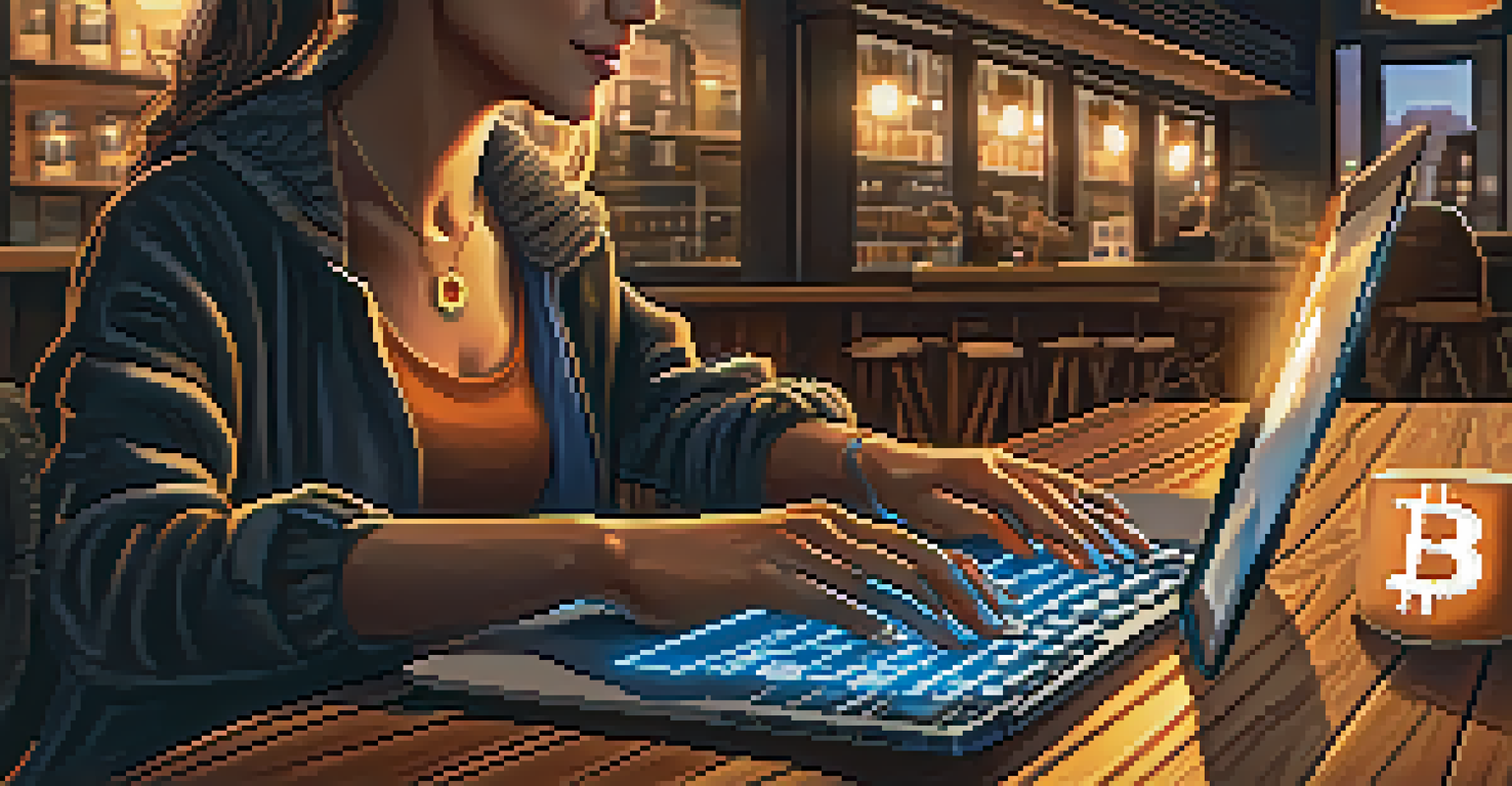 A close-up of a woman's hands typing on a laptop with a glowing bitcoin symbol on the screen in a cozy coffee shop.
