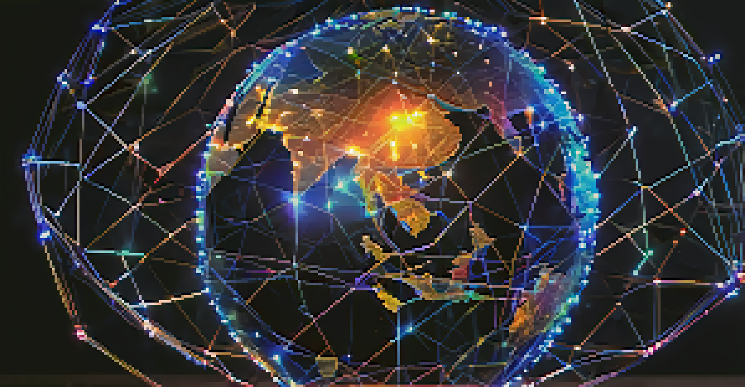 A globe surrounded by glowing blockchain nodes, representing global voting systems with a starry background.